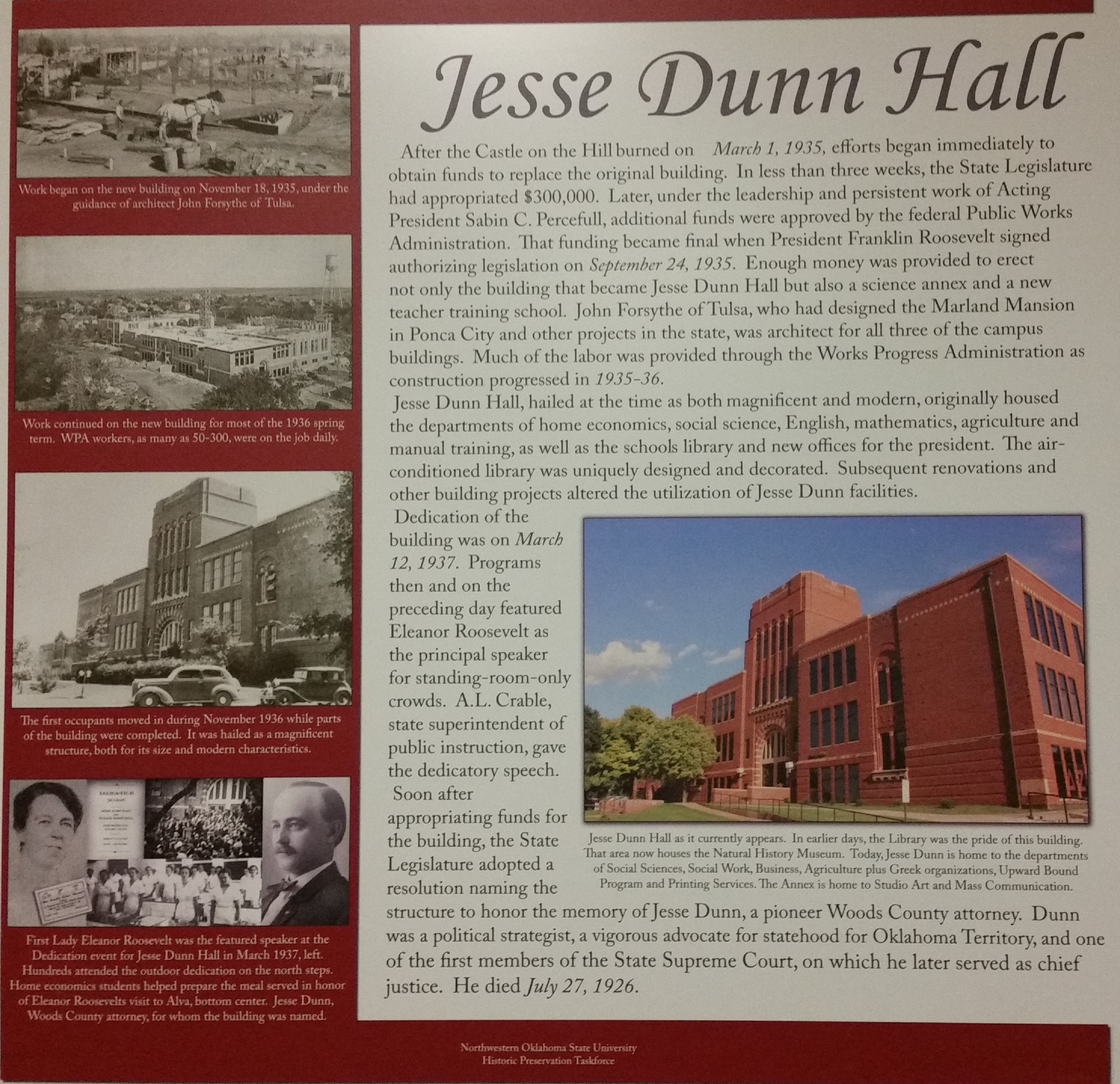 Poster explaining history of Jesse Dunn Hall