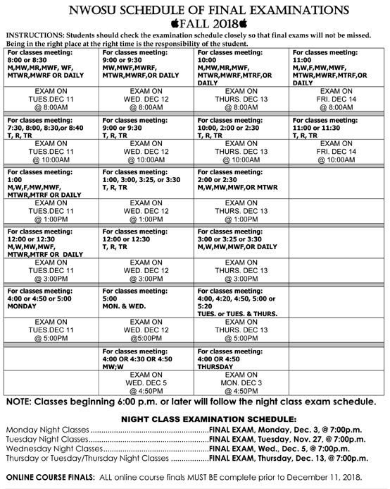 finals schedule northwestern oklahoma state university schedules online