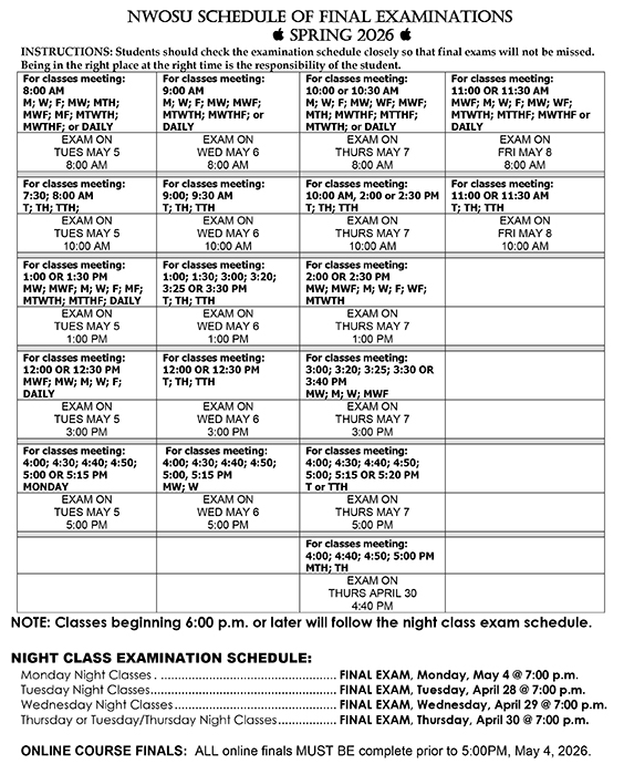 NWOSU Sprng 2026 Finals Schedule listing dates and times for finals.