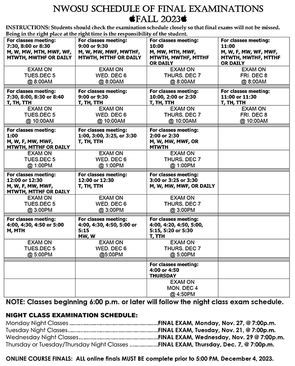Fall 2023 Finals Schedule