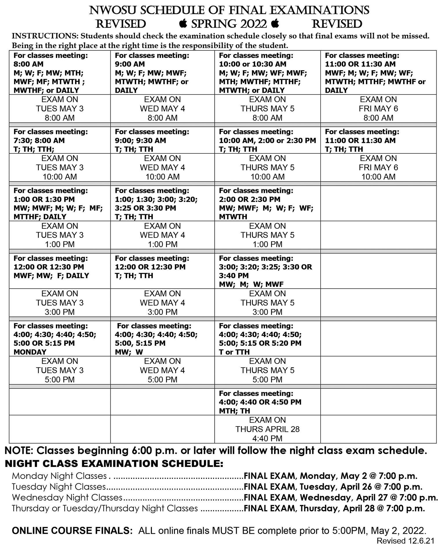 2022 Finals Schedule Finals Schedule | Northwestern Oklahoma State University