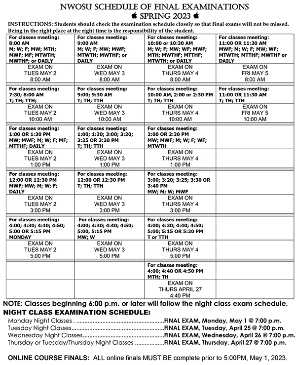Spring 2023 finals schedule