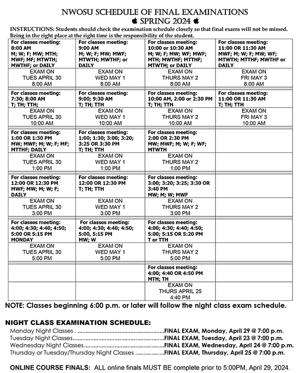 Spring 2024 Finals Schedule
