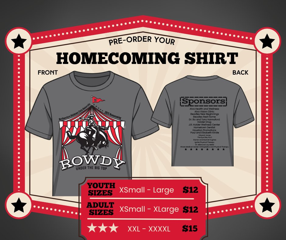 Pre-order flyer for Rowdy Under the Big Top homecoming shirt showing gray t-shirt with red and white circus tent design featuring bucking horse silhouette. Youth sizes XS-L $12, Adult sizes XS-XL $12, XXL-XXXXL $15. Back lists event sponsors.