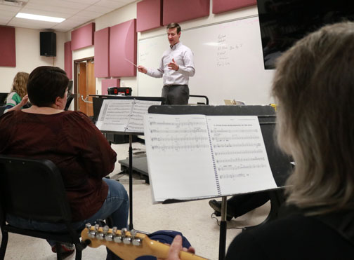 Karsten Longhurst rehearses with members of the band that will provide accompaniment during “Joseph and the Amazing Technicolor Dreamcoat” April 11-12 at 7 p.m. and April 13 at 2 p.m. in Herod Hall Auditorium on the Northwestern-Alva campus.