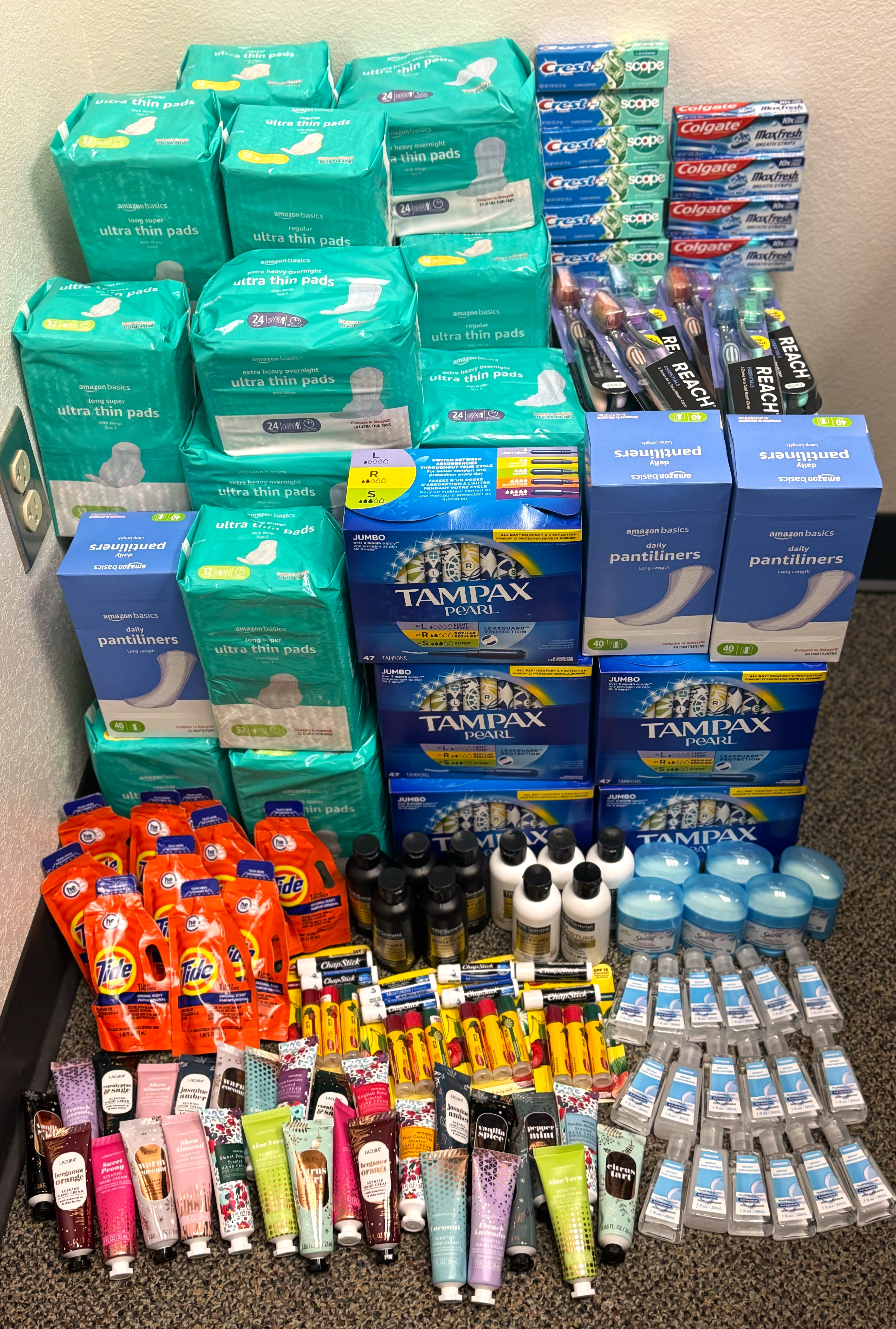 Several hygiene supplies were donated during the 2023 ‘Compassion in Action’ Dignity Drive sponsored by the Northwestern Department of Social Work Social Workers Association of Tomorrow (SWAT) chapter.