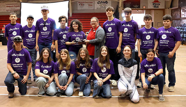 Burlington High School Robotics team accepting the award for the top team at the close of the Heartland BEST Robotics Contest at NWOSU-Alva.