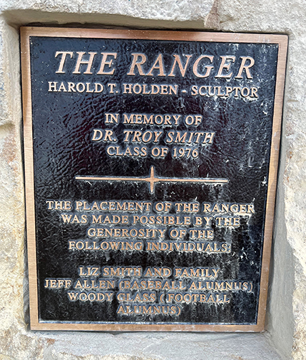 Plaque displayed with the Ranger Statue at Ranger Field.