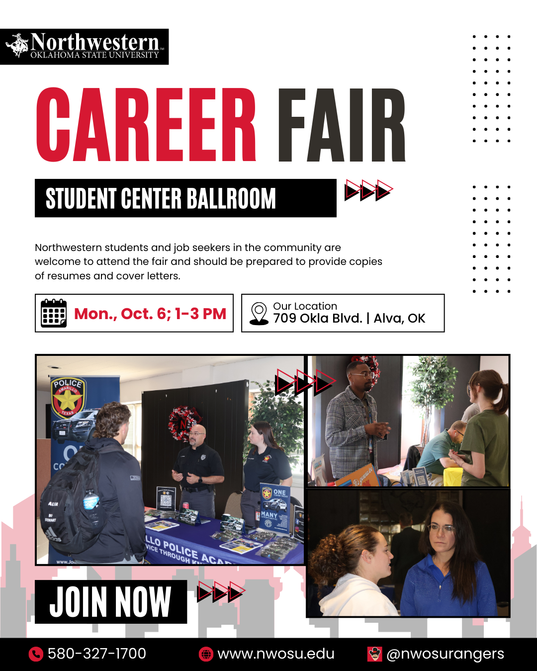 Northwestern Oklahoma State University Career Fair flyer. Event scheduled for Monday, October 6, 1-3 PM at Student Center Ballroom, 709 Okla Blvd, Alva, OK. Features three photos showing career fair interactions: students speaking with law enforcement recruiters at a table with police academy materials, a professional in a plaid jacket talking with students, and two women in business attire having a conversation. Contact information: 580-327-1700, www.nwosu.edu, @nwosurangers.