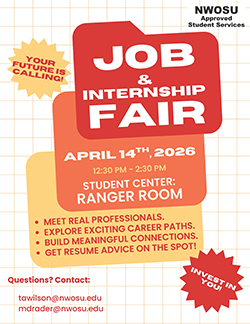 A promotional event flyer for the Northwestern Oklahoma State University Spring Job and Internship Fair. The flyer features a bold red, orange, and yellow color scheme on a light grid-patterned background. At the top left, a yellow starburst shape contains the text 