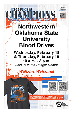 Event graphic with white wood plank background and orange paint splatter design. Text reads "DONOR CHAMPIONS" with tagline "More than ice in our veins" at top. Main content states "Northwestern Oklahoma State University Blood Drives, Wednesday, February 18 & Thursday, February 19, 10 a.m. - 3 p.m. Join us in the Ranger Room! Walk-ins Welcome!" Bottom shows black t-shirt with "DONOR CHAMPIONS" basketball design and text "More than ice in our veins." Three QR codes present: top right for trivia, bottom two for scheduling Wednesday and Thursday appointments. Orange banner states "STEP UP. GIVE BLOOD. EARN OUR EXCLUSIVE DONOR CHAMPIONS T-SHIRT." Our Blood Institute logo and contact information (877-340-8777, obi.org) at bottom right.