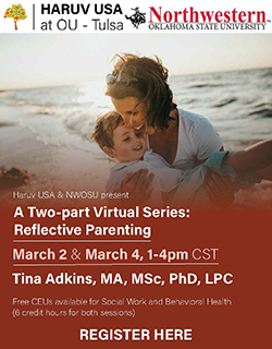 A mother and young child embrace on a beach at sunset, both smiling. The Haruv USA at OU-Tulsa and Northwestern Oklahoma State University logos appear at the top. White text overlays read: "Haruv USA & NWOSU present A Two-part Virtual Series: Reflective Parenting. March 2 & March 4, 1-4pm CST. Tina Adkins, MA, MSc, PhD, LPC. Free CEUs available for Social Work and Behavioral Health (6 credit hours for both sessions). REGISTER HERE" with a QR code in the bottom right corner.