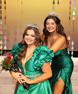 Miss Cinderella 2024, Zoey Roberts of Woodward (right), crowns Madeline Ryerson, Miss Alva (left), Miss Cinderella 2025.