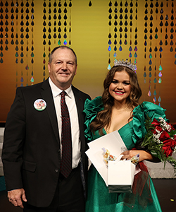 Miss Cinderella 2025, Talent Award winner and Interview Award winner, Miss Alva Madeline Ryerson (right) with Northwestern Oklahoma State University president, Dr. Bo Hannaford (left).
