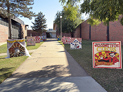 A campus sidewalk lined with hand-painted spirit boards created by Northwestern Oklahoma State University clubs and organizations. The closest board reads 