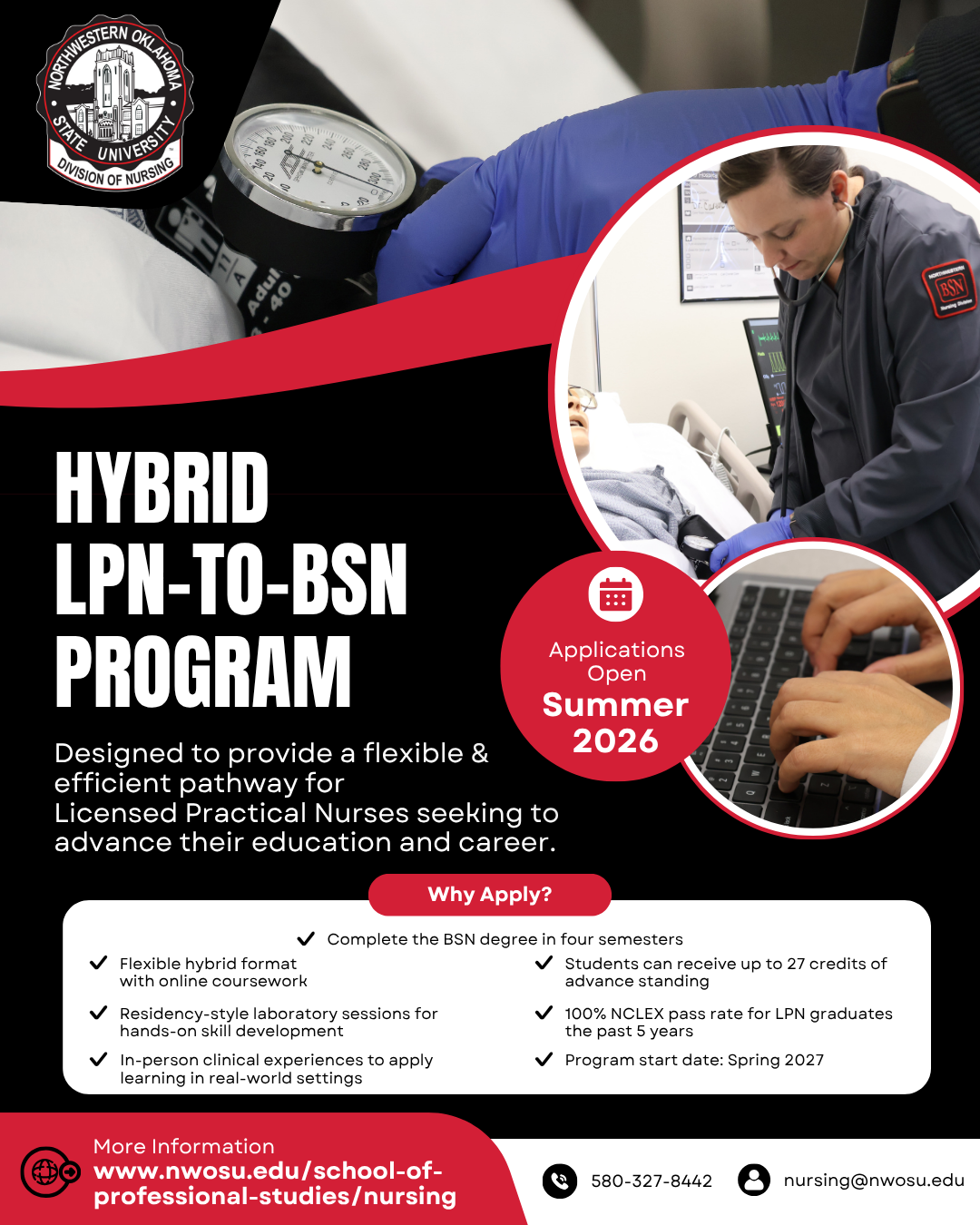 Promotional graphic for Northwestern Division of Nursing hybrid LPN-to-BSN program featuring program details on black and white background with red accents, Northwestern seal, photos of nursing students taking blood pressure and using laptop, text reads Applications Open Summer 2026 and Program Start Date Spring 2027.