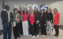 Students from the media and communication program (left to right) Kenneth Irving, senior from Diberville (Mississippi); Derrick Galindo, senior from Alva; Dr. Jesse Schroeder, assistant professor of communication; Piper Gallagher, senior from Watonga; Jaxy Cloud, senior from Enid; Karolina Juresiute, senior from Vilniaus, Lithuania; Ingrid Maldonado, senior from Alva; Allison Scheiber, graduated senior from Okeene; and Tamara Brown, communication department chair; visited KOCO-TV in Oklahoma City this past April. 