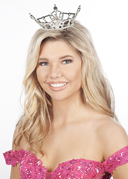 Lauren Thomason, Miss Northwestern's Teen, poses for a headshot wearing a silver rhinestone crown and pink sequined off-shoulder gown against a white background.