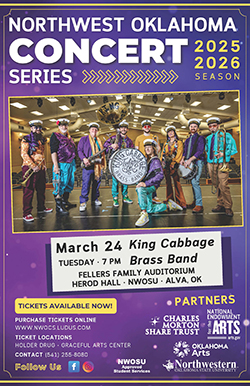 Concert event poster for the Northwest Oklahoma Concert Series 2025–2026 season on a purple and gold background. Poster features a photo of King Cabbage Brass Band in colorful Mardi Gras attire on a stage holding instruments, with a large "King Cabbage Tulsa OK Brass Band" drum visible. Text reads: "March 24, Tuesday, 7 PM, King Cabbage Brass Band, Fellers Family Auditorium, Herod Hall, NWOSU, Alva, OK. Tickets available now. Purchase tickets online: www.nwocs.ludus.com. Ticket locations: Holder Drug, Graceful Arts Center. Contact: (541) 255-8080." Partner logos for Charles Morton Share Trust, National Endowment for the Arts, Oklahoma Arts, and Northwestern Oklahoma State University are displayed at the bottom.