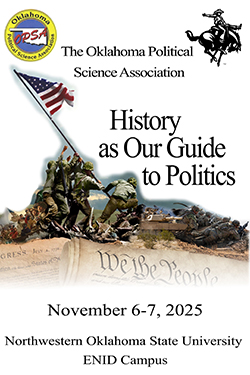 Event graphic for the annual Oklahoma Political Science Association meeting on the Northwestern Oklahoma State University Enid Campus, Nov. 6-7, 2025.