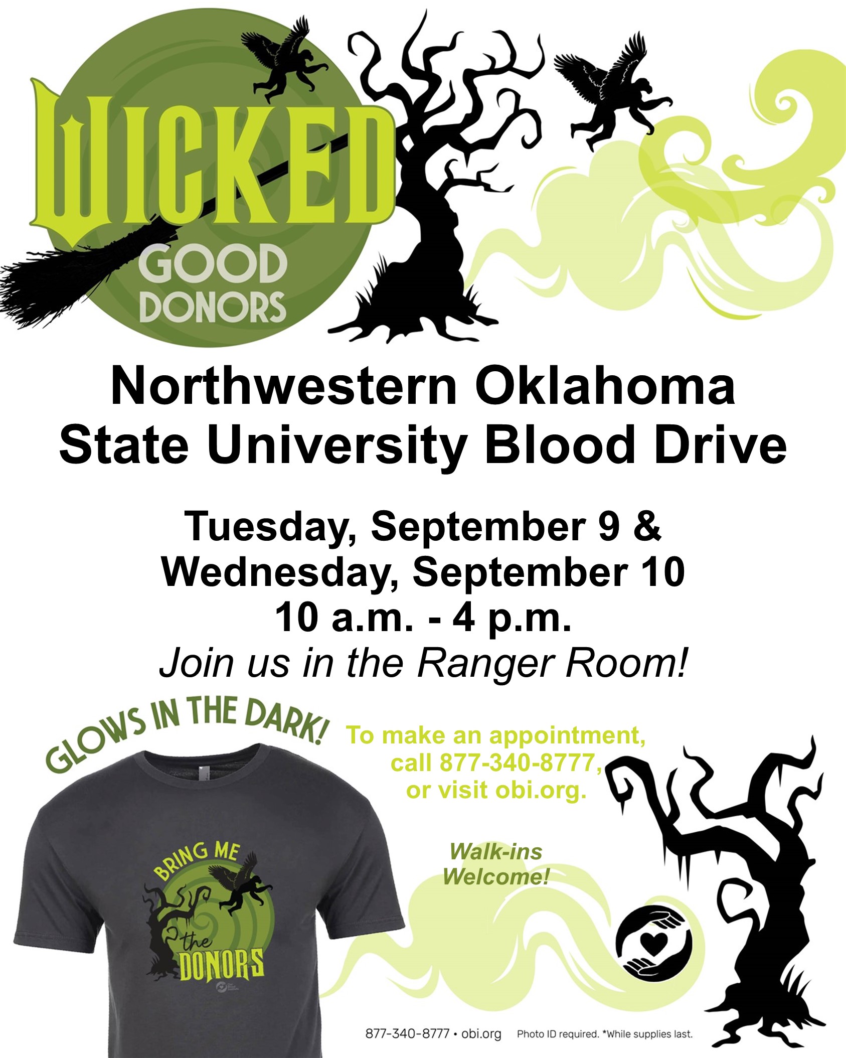 Northwestern Oklahoma State University Blood Drive promotional flyer featuring 'Wicked Good Donors' Halloween-themed design with spooky tree silhouettes and green color scheme. Shows event details: Tuesday September 9 and Wednesday September 10, 10 a.m. to 4 p.m. in the Ranger Room. Features glow-in-the-dark t-shirt image with 'Bring Me The Donors' text. Includes contact information to make appointments at obi.org or call 877-340-8777. Notes walk-ins welcome and photo ID required.