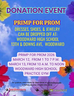 Donation Event flyer for Primp for Prom 2026. Dresses, shoes, and jewelry can be dropped off at Woodward High School, 13th and Downs Ave, Woodward. The event is held March 12, from 1 to 7 p.m., and March 13, from 10 a.m. to noon at the Woodward High School Practice Gym. Includes Northwestern and Woodward logos.