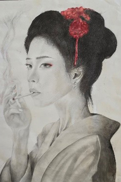 Graphite and charcoal drawing of a woman in traditional geisha style with an elaborate updo hairstyle adorned with a red ornament, shown in three-quarter profile.
