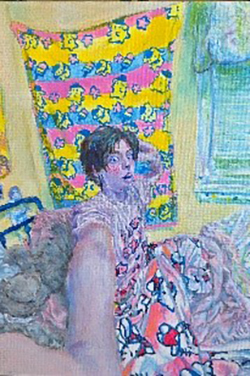 Painting of a figure reclining on a bed in a room with vibrant yellow and pink patterned wallpaper and blue-green textured walls.