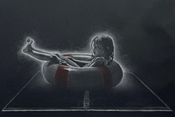 White charcoal and pastel drawing on black paper showing a figure suspended in a life preserver on dark water, with arms extended and glowing effects.
