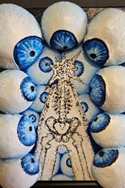 Mixed media artwork depicting a figure lying on their back viewed from above, surrounded by blue eye shapes arranged in a circular pattern, with detailed linework on the central figure.