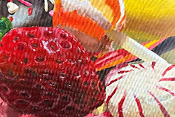 Painting featuring a textured strawberry design in red with white details against a rainbow-colored background.