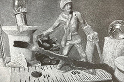 White charcoal drawing on black paper showing a historical scene with multiple figures, including a person in 18th-century attire gesturing near what appears to be cannons or artillery equipment.