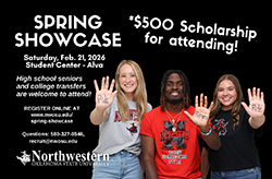 Three Northwestern Oklahoma State University students wearing red and gray Northwestern apparel wave at camera with 