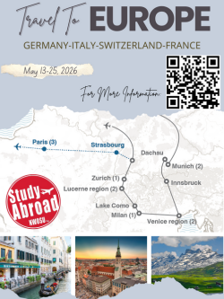 Travel to Europe flyer showing map with destinations Germany, Italy, Switzerland, and France, featuring scenic photos of European landmarks and cities, dated May 13-25, 2026.