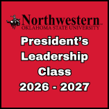 Northwestern Oklahoma State University President's Leadership Class 2026-2027 announcement graphic with red background, Northwestern wordmark, and Ranger logo.