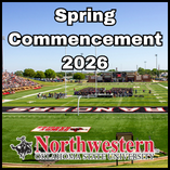 Northwestern Oklahoma State University graduates in caps and gowns seated on Ranger Field during the 2025 Spring Commencement ceremony, with a large crowd of attendees visible in the stadium stands.