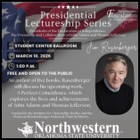 Presidential Lecture Series graphic announcing author Jim Rasenberger speaking March 10, 2026, at 1 p.m. in Student Center Ballroom about John Adams and Thomas Jefferson.