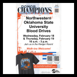 Northwestern Oklahoma State University blood drive graphic for February 18-19, 10 a.m. - 3 p.m. in Ranger Room. Shows 
