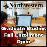 A Northwestern Oklahoma State University graphic featuring a student working at a computer lab, overlaid with text reading 'Graduate Studies Fall Enrollment Open' and the Northwestern Oklahoma State University logo.