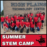 Promotional graphic showing high school students in red STEM camp t-shirts posed in front of High Plains Technology Center brick building, with text reading Summer STEM Camp in white letters on red and black banner at bottom, NWOSU Logo bottom right.