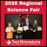 2026 Northwest Oklahoma Regional Science Fair overall winners stand in a row holding certificates and trophy awards in front of a black wall and Northwestern Rangers wreath, below a 