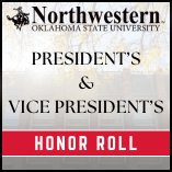 Northwestern Oklahoma State University branded graphic announcing the President's and Vice President's Honor Roll. The Northwestern logo appears at the top. Bold text reads 