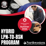Promotional graphic for Northwestern Division of Nursing hybrid LPN-to-BSN program; text reads Applications Open Summer 2026 and Program Start Date Spring 2027