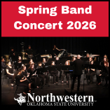 A square promotional graphic for the Northwestern Oklahoma State University Spring Band Concert 2026. Bold white text on a red background at the top reads 