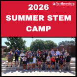 A promotional graphic for the 2026 Summer STEM Camp at Northwestern Oklahoma State University, featuring a group photo of approximately 30 students and staff posed outdoors on campus.