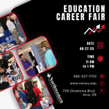 Northwestern Oklahoma State University Education Career Fair promotional graphic featuring multiple photos of students and professionals networking at previous career fair events, with event details displaying August 27, 2025 date, 11 a.m. to 1 p.m. time,
