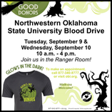 Event Flyer for NWOSU PLC Blood Drive, Tuesday September 9 and Wednesday September 10, 10 a.m.