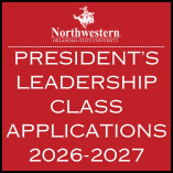 Northwestern Oklahoma State University President's Leadership Class Applications 2026-2027 promotional graphic with white text on red background featuring small white Ranger mascot logo at top