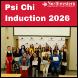A large group of Northwestern Oklahoma State University students and faculty stand in rows in front of a red Northwestern Oklahoma State University step-and-repeat banner following the 2026 Psi Chi induction ceremony. Many inductees hold certificates. The