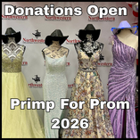 A row of formal dresses on mannequins for the 12th Annual Primp for Prom 2026. The image includes text that says 'Donations Open' in the top left and 'Primp for Prom 2026' at the bottom center.